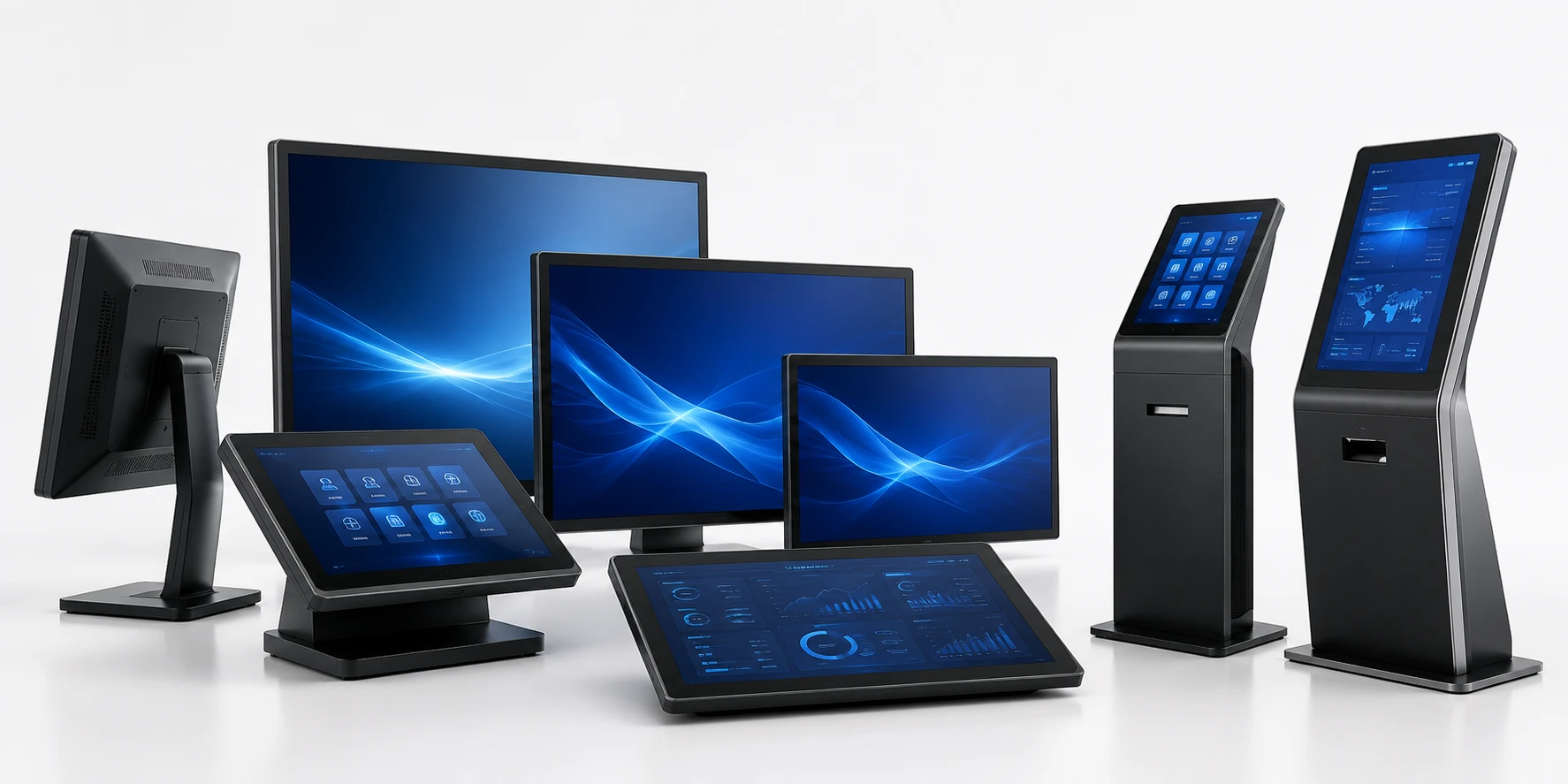 Flat touchscreen monitors and touch displays for industrial and commercial equipment