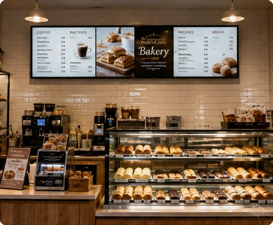 Digital menu displays in a cafe or bakery