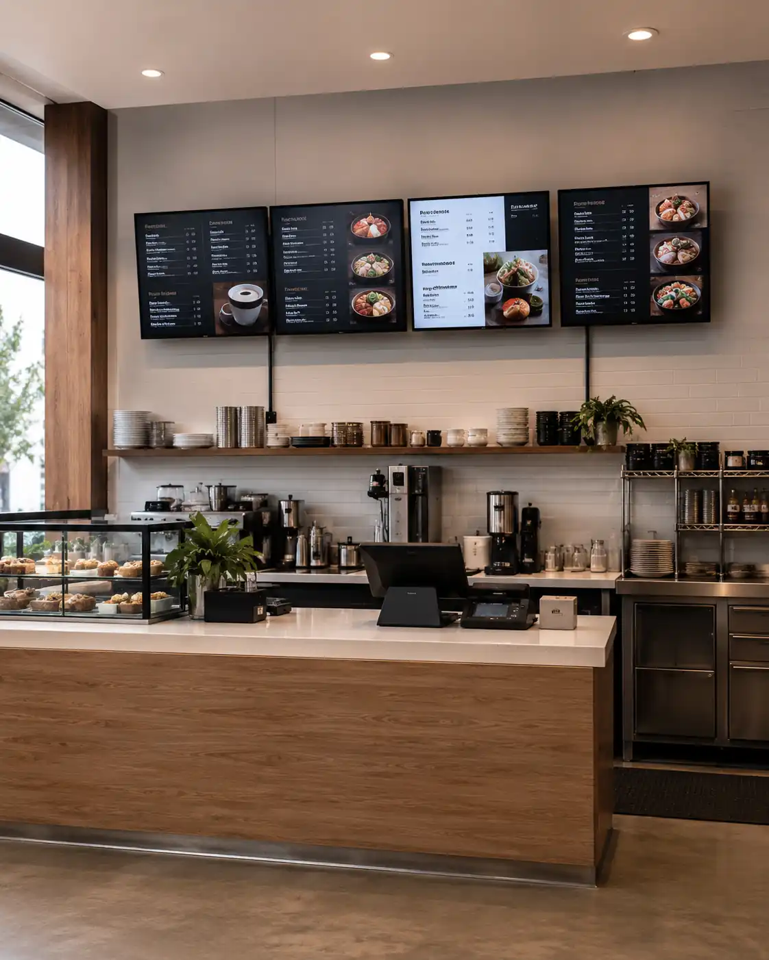 Restaurant counter showing digital menu board installation layout