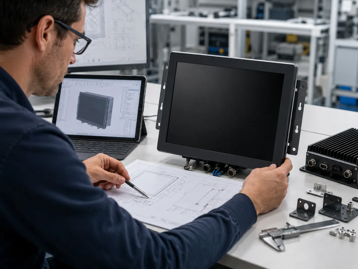 Engineer reviewing a custom touch screen monitor schematic
