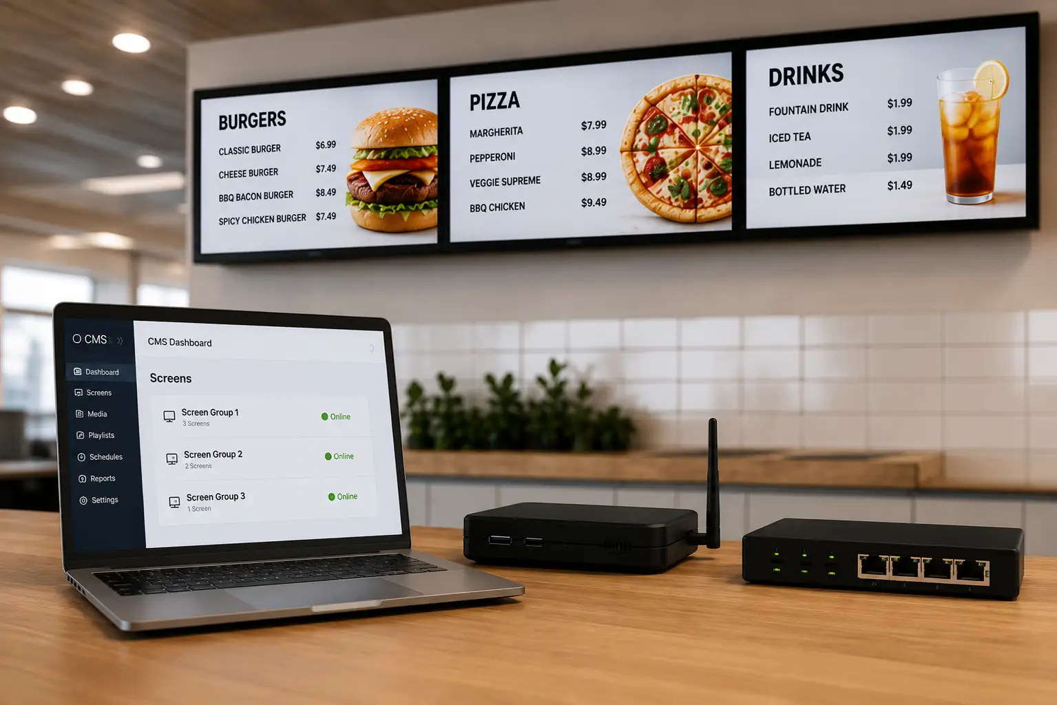 Digital menu board system with display, player, CMS, network and optional POS connection