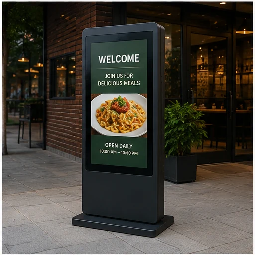 Floor-standing digital menu display for a restaurant entrance
