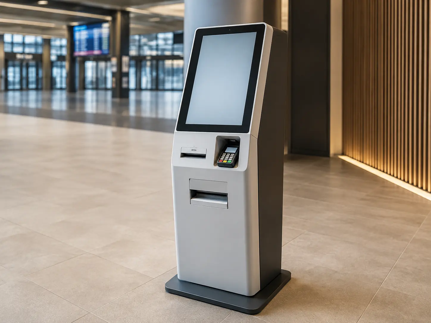 floor-standing ticketing kiosk with optional printer and payment-terminal mounting