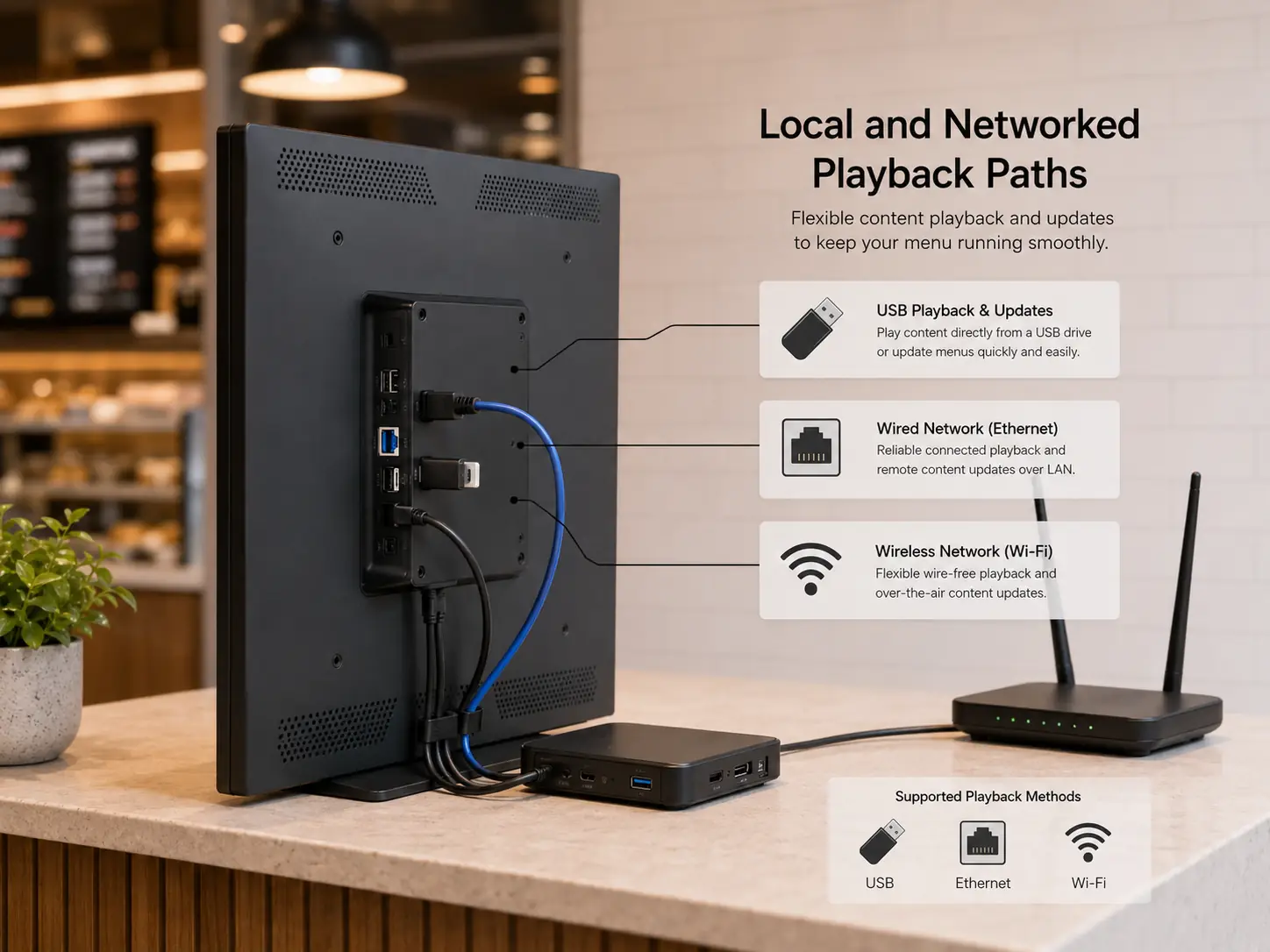 Network and interface ports on a commercial display