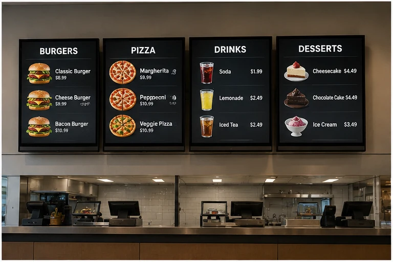 Multi-screen counter menu board hardware layout