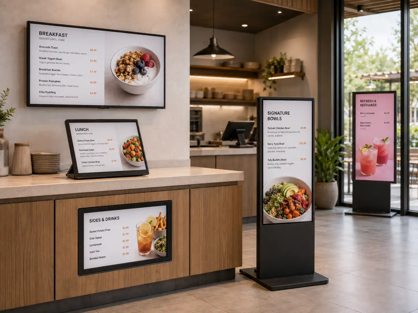Various mounting formats for digital menu boards
