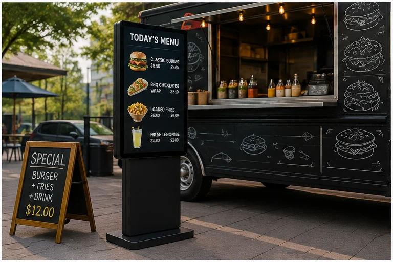 Portable outdoor digital menu display for a food service location