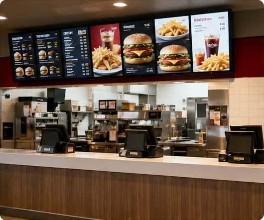 Quick-service restaurant digital menu board counter