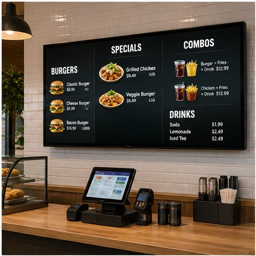Wall-mounted commercial display for a digital restaurant menu