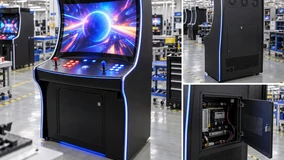 32-inch curved touchscreen integrated into a custom gaming cabinet