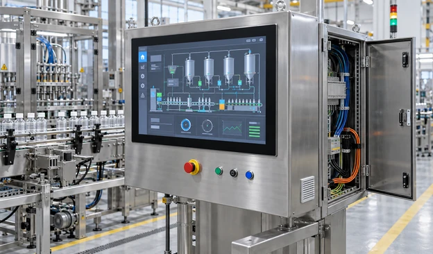 Large touchscreen interface integrated into an industrial control station