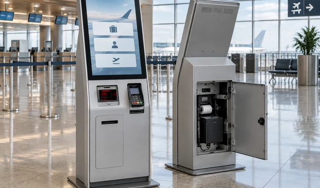 32-inch touchscreen integrated into a floor-standing self-service kiosk