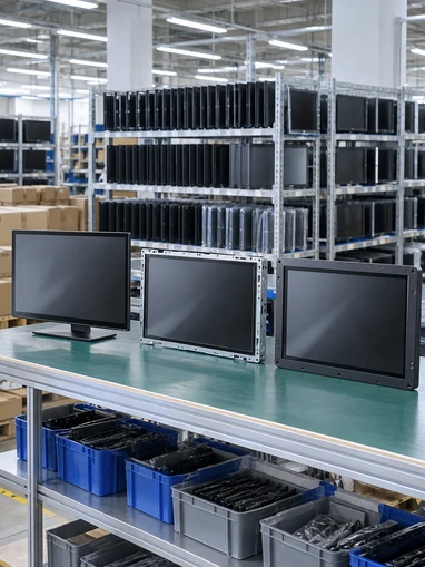 Front, side and rear construction of a metal-housed touchscreen monitor
