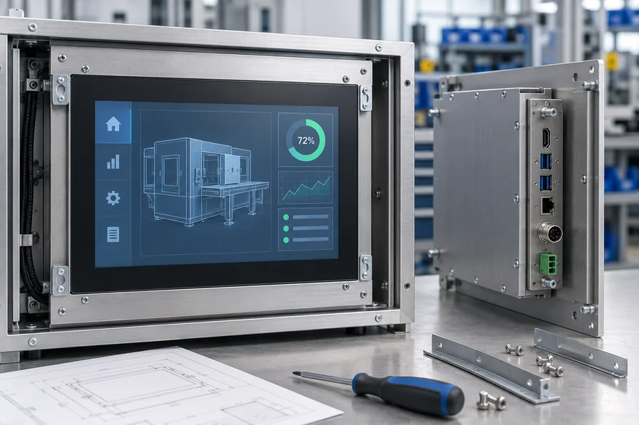 Industrial touch monitor integrated into equipment enclosure showing mounting structure, cable connections, and engineering inspection environment