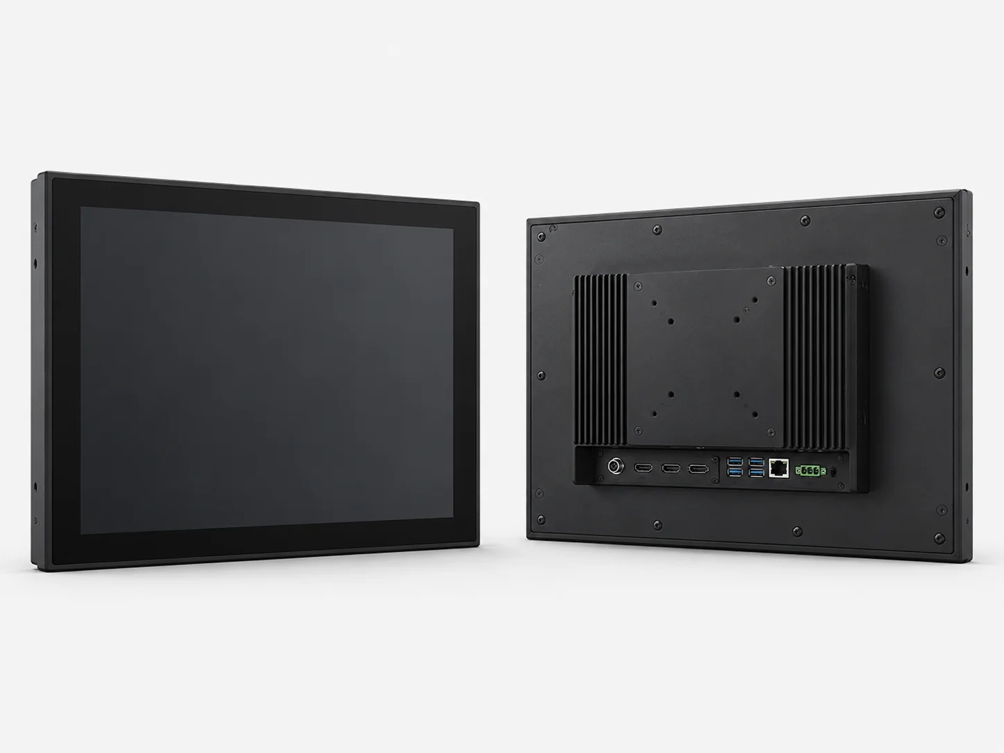 Flat metal-housed touchscreen monitor front and rear view