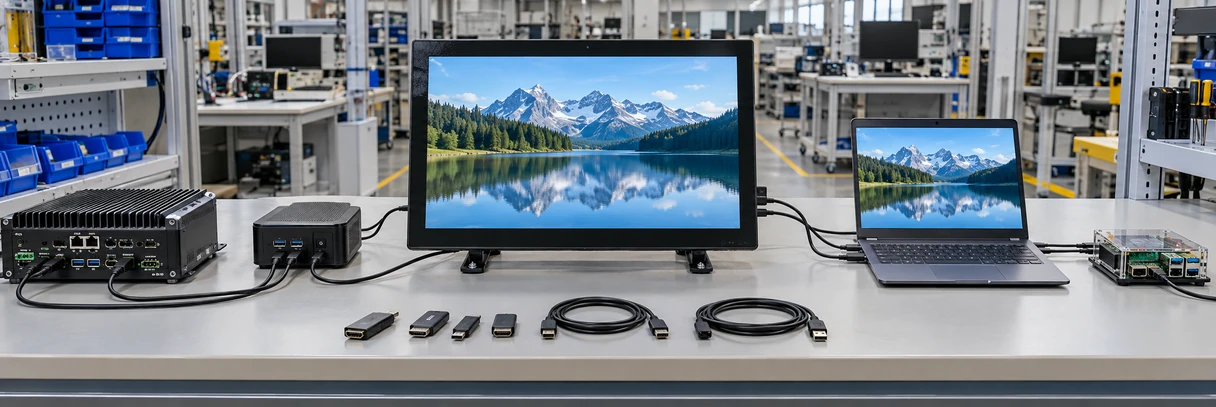 HDMI touchscreen connection paths for laptop, industrial PC, media player and Raspberry Pi
