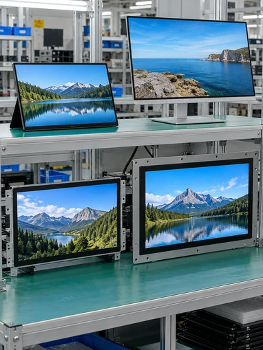 Front, rear and port views of HDMI touchscreen monitor configurations