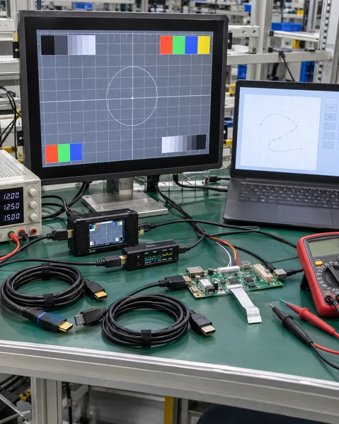 Annotated HDMI touchscreen troubleshooting guide for video, touch, power and cables