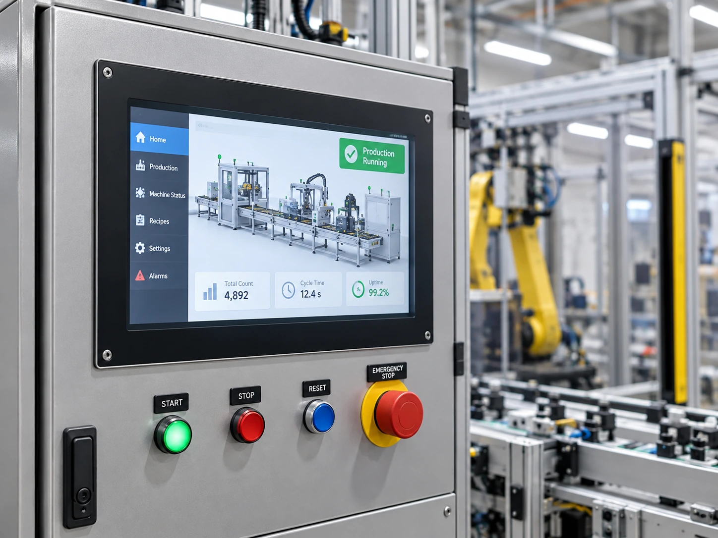 Industrial panel-mount touchscreen monitor installed in equipment