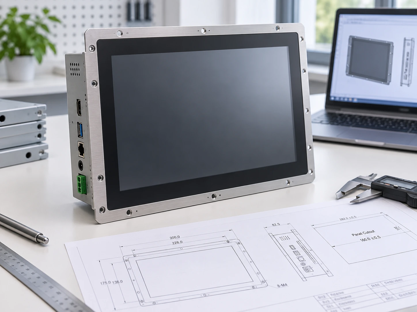 Touch panel monitor mounting and cabinet measurement diagram
