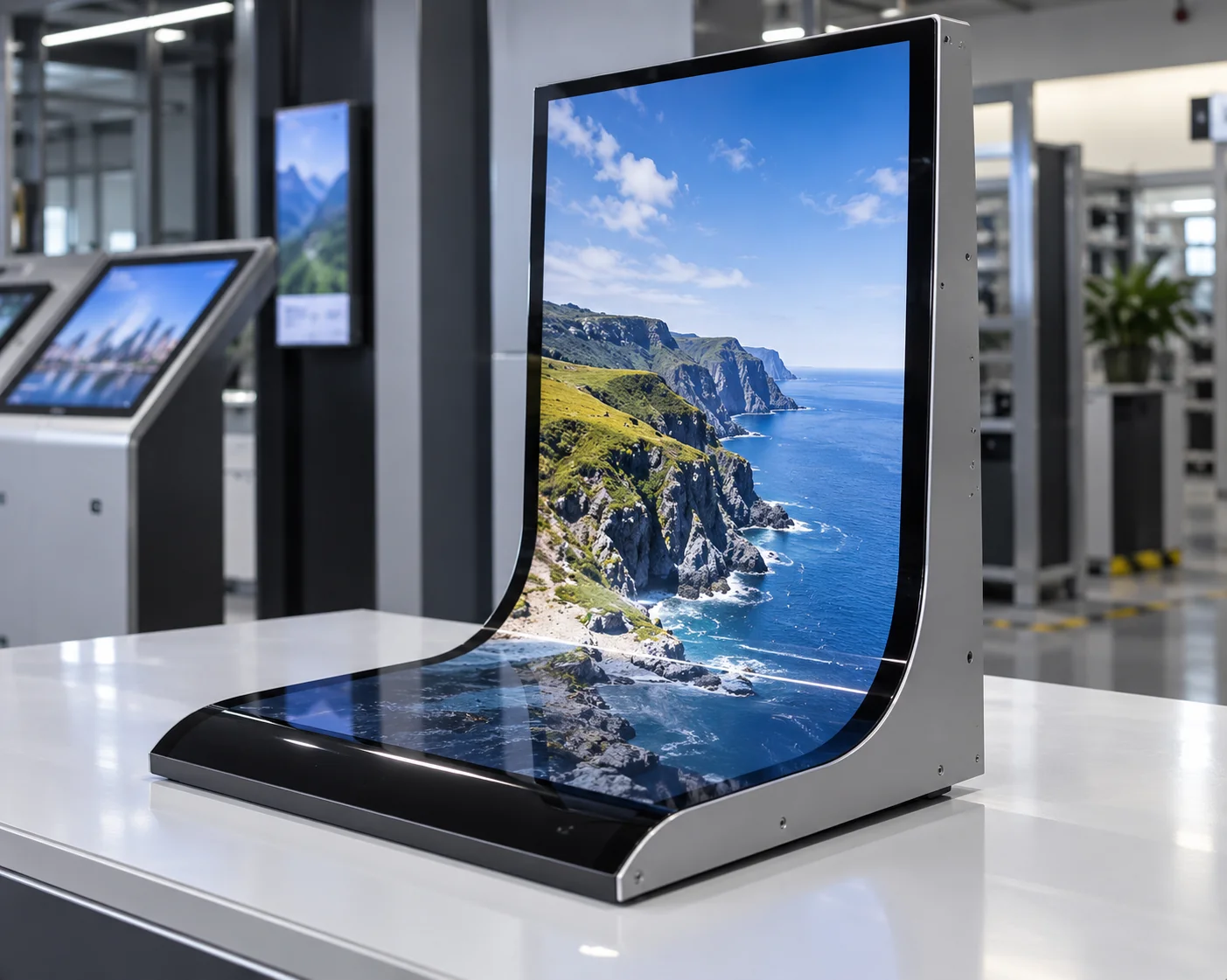 J-shaped curved capacitive touchscreen monitor