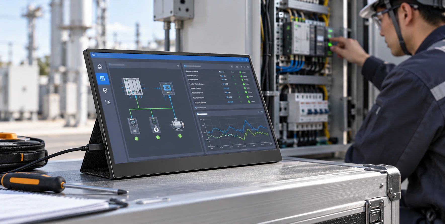 Technician using a portable touch display for field diagnostics
