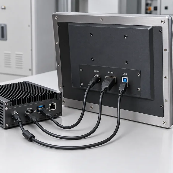 Touch panel monitor video, touch data and power connections