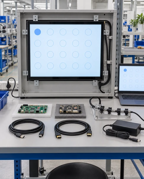 Annotated touchscreen integration review covering dimensions, touch, interfaces and cable clearance
