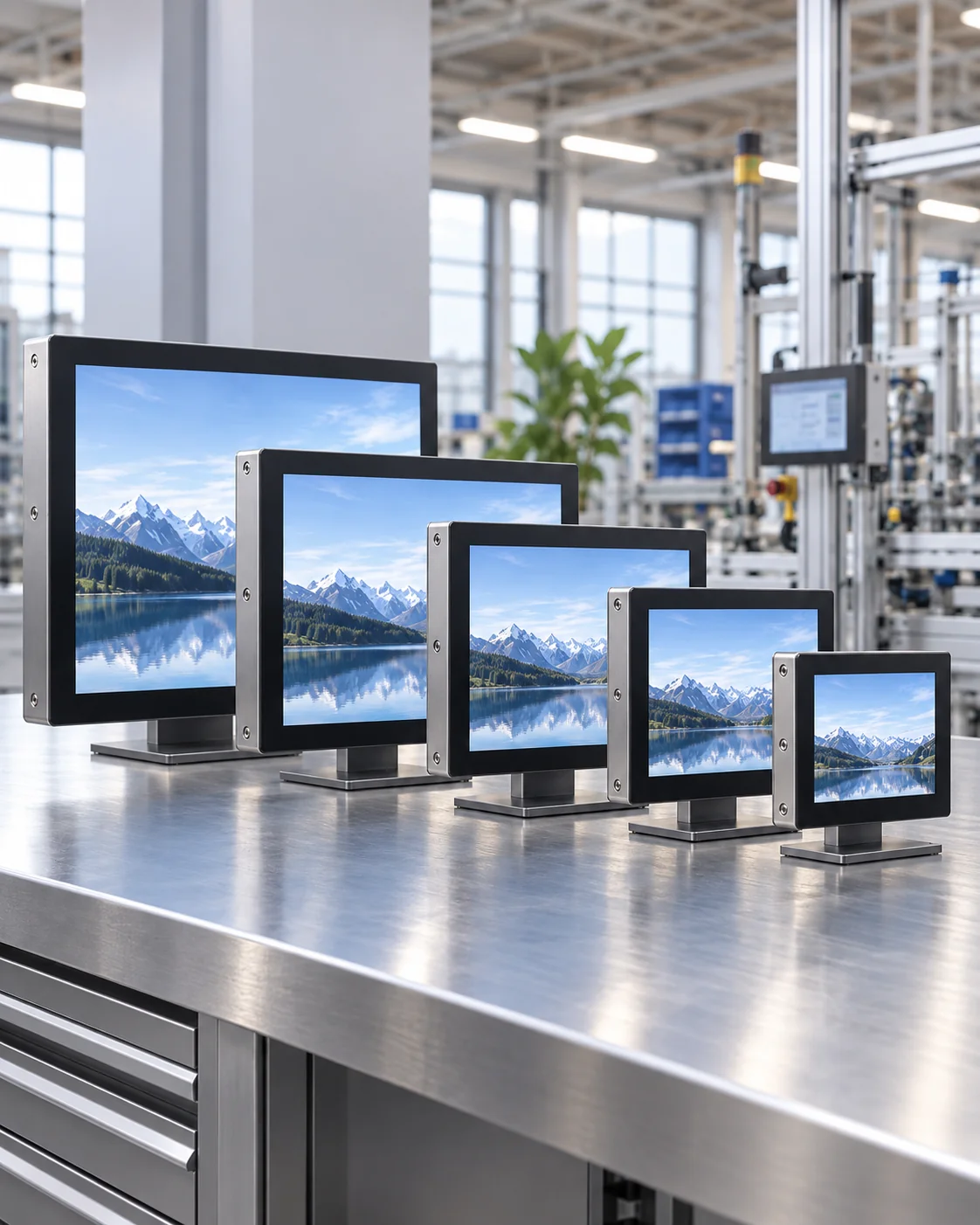 Front side and rear views of a metal-housed touchscreen monitor
