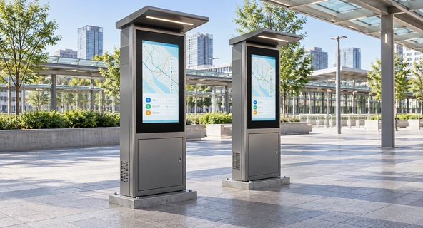 Outdoor touchscreen monitor integrated into self-service kiosk
