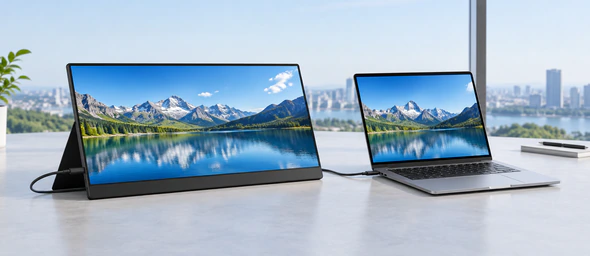 Unbranded 15.6-inch portable touchscreen beside a laptop
