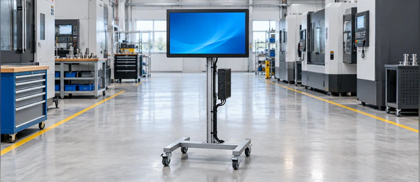 Technician using a portable touch display beside industrial equipment