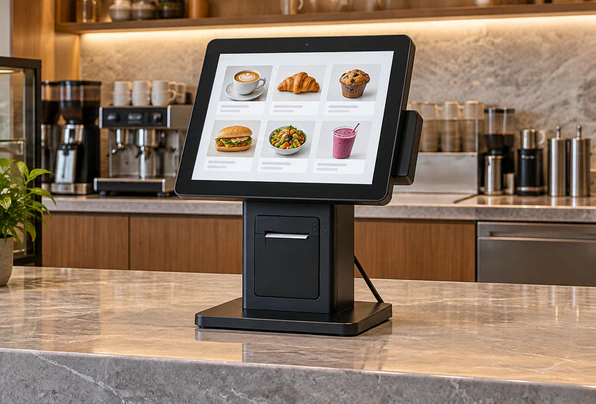 Desktop touchscreen monitor used at a commercial service counter