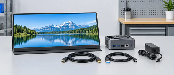Portable monitor with separate neutral video and USB connection paths