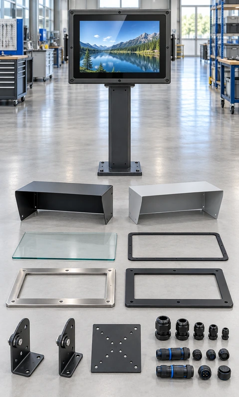 Custom outdoor touchscreen monitor glass sealing housing interface mounting and thermal options