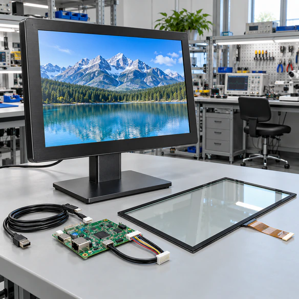 Projected capacitive touchscreen monitor touch sensor display controller and host structure