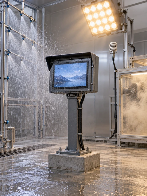 Outdoor touchscreen monitor cover glass seal LCD housing connector and thermal protection layers