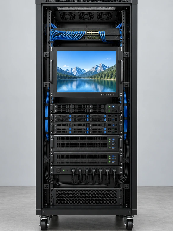Rack mount touchscreen monitor front panel display touch controller host and cable architecture