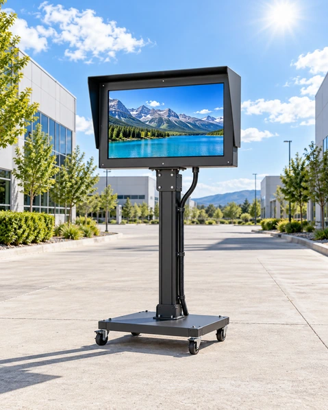 Outdoor touchscreen monitor enclosure airflow solar heat condensation and cable integration