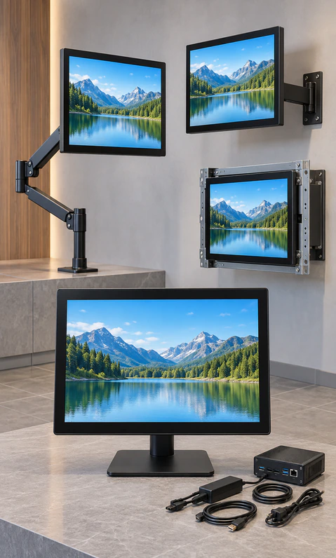 24 inch touchscreen monitor mounting options: desktop, VESA, wall and bracket