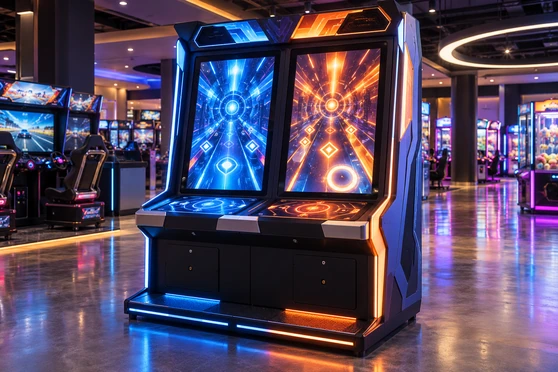 Dual-screen gaming cabinet with main and control touchscreen displays