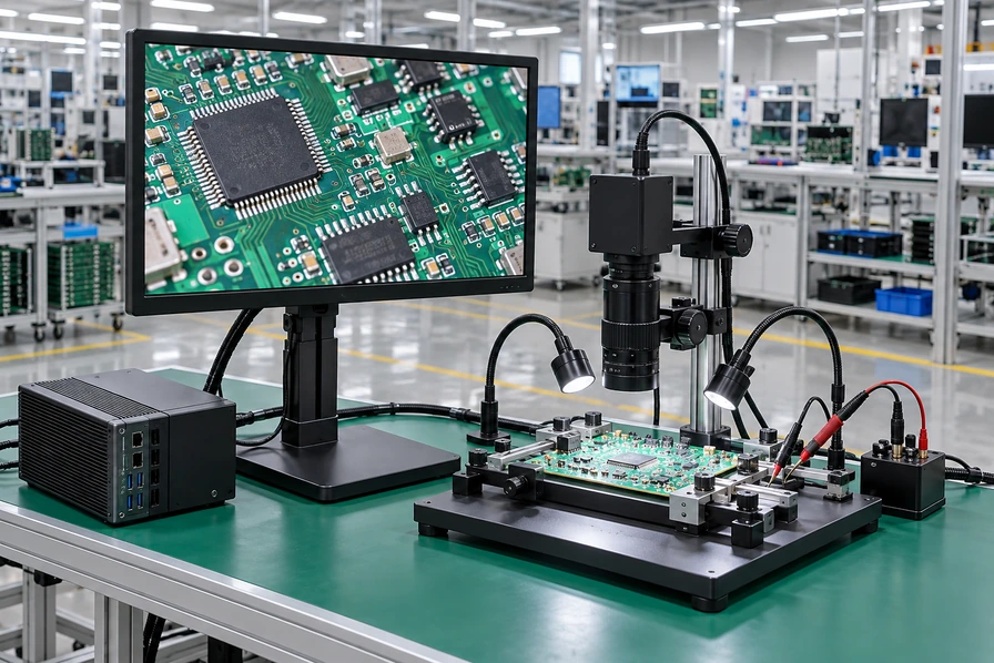 Desktop touchscreen monitor used at an electronics inspection workstation