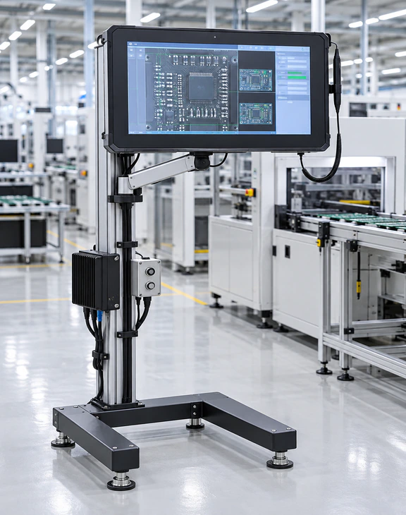 Technician wearing gloves operating an industrial equipment panel with a rounded stylus