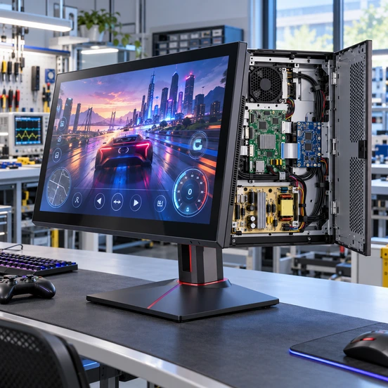 Display touch controller host and cabinet components of a gaming touchscreen monitor