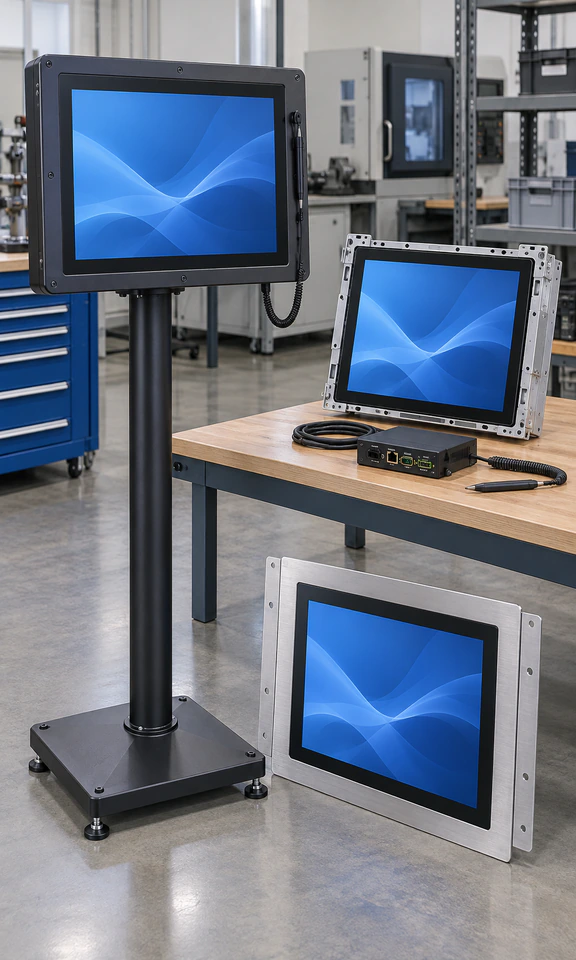Touch screen monitor and stylus on an industrial equipment control console
