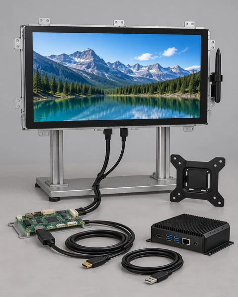 Cross-section diagram of an open-frame touch monitor installed in an equipment cabinet