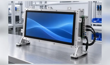 Open-frame touchscreen monitor installed behind an equipment panel