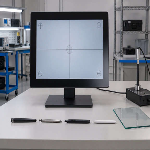 Exploded view of touch screen monitor layers and pen types