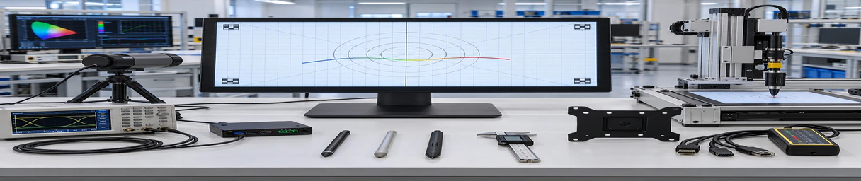 Horizontal view of touch screen monitor inspection including image, touch response, interfaces and enclosure