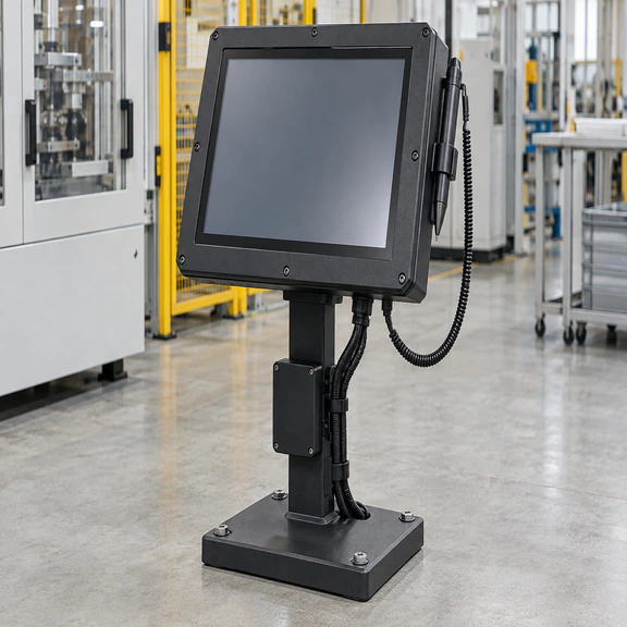 Open frame resistive touch monitor operated with a rounded plastic stylus